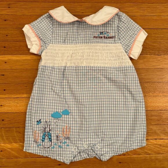 Peter Rabbit Beatrix Potter blue/white plaid smocked short sleeve romper - Picture 1 of 6